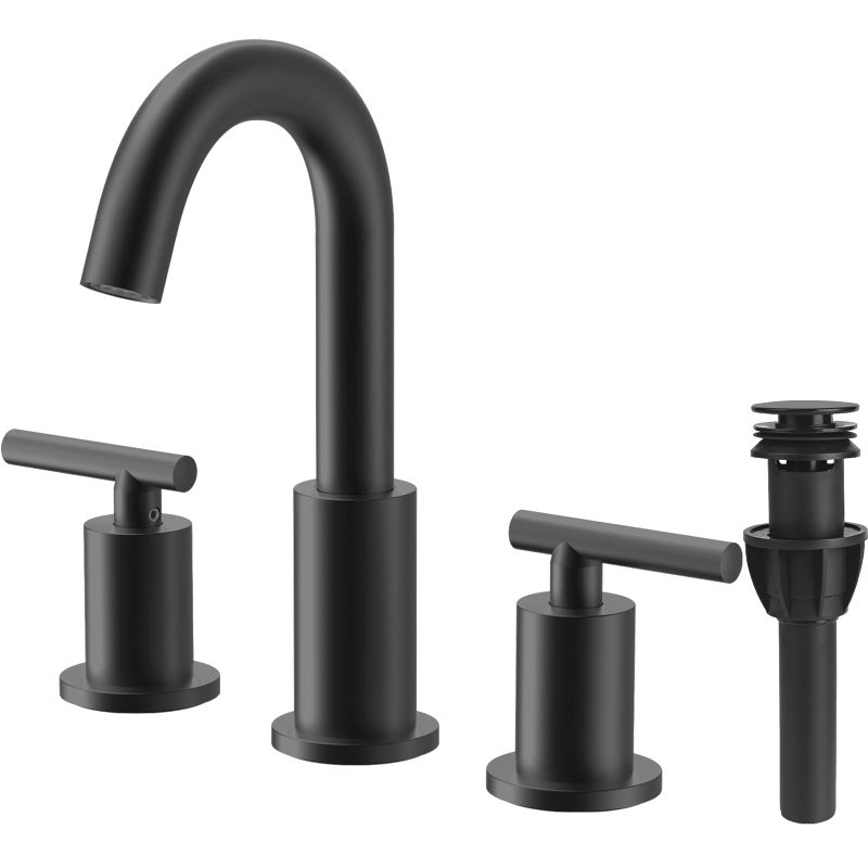 TRUSTMI 2 Handle 8-Inch Widespread Bathroom Faucet Matte Black 3 Hole Brass Bathroom Vanity Sink Faucet with 360Â° Swivel Spout, Include Overflow Drain and cUPC Supply Lines - Image 1